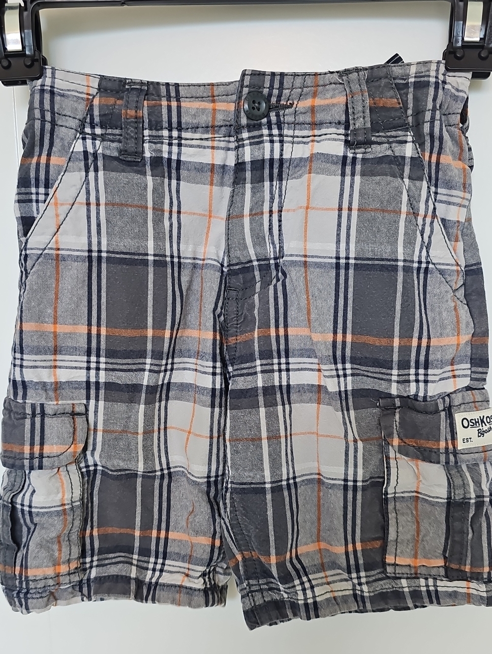 OshKosh B'gosh Plaid Cargo Shorts in Gray, Navy & Orange Boys Sz 4T